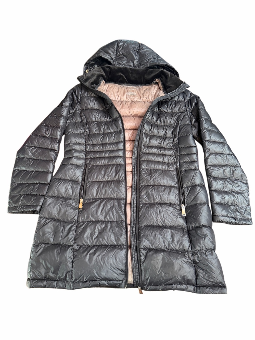 Andrew Marc Black Quilted Long Hooded Puffer with Light Brown/Tan Interior.